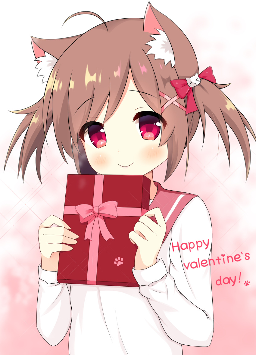 &gt;_&lt; 1girl absurdres ahoge animal_ear_fluff animal_ears bangs blush bow box brown_hair cat_ears cat_hair_ornament closed_mouth commentary_request eyebrows_visible_through_hair gift gift_box hair_bow hair_ornament hairclip happy_valentine highres holding holding_gift long_sleeves original red_bow red_eyes red_sailor_collar sailor_collar school_uniform serafuku shirt smile solo twintails upper_body white_shirt x_hair_ornament xiaosamiao