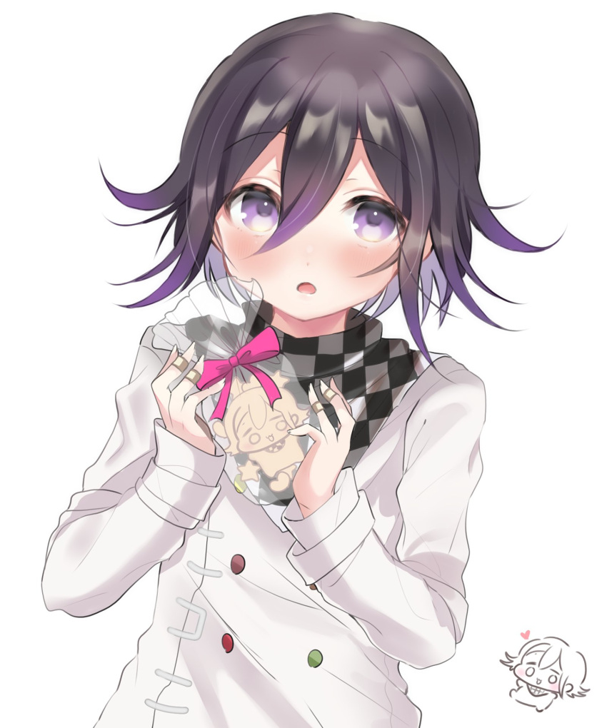 1boy bangs black_hair blush checkered checkered_scarf commentary_request dangan_ronpa ebi_(raruharura10) eyebrows_visible_through_hair hair_between_eyes highres holding long_hair long_sleeves looking_at_viewer male_focus multicolored_hair new_dangan_ronpa_v3 open_mouth ouma_kokichi pink_ribbon purple_hair ribbon scarf simple_background sleeves_past_wrists solo straitjacket two-tone_hair upper_body violet_eyes white_background