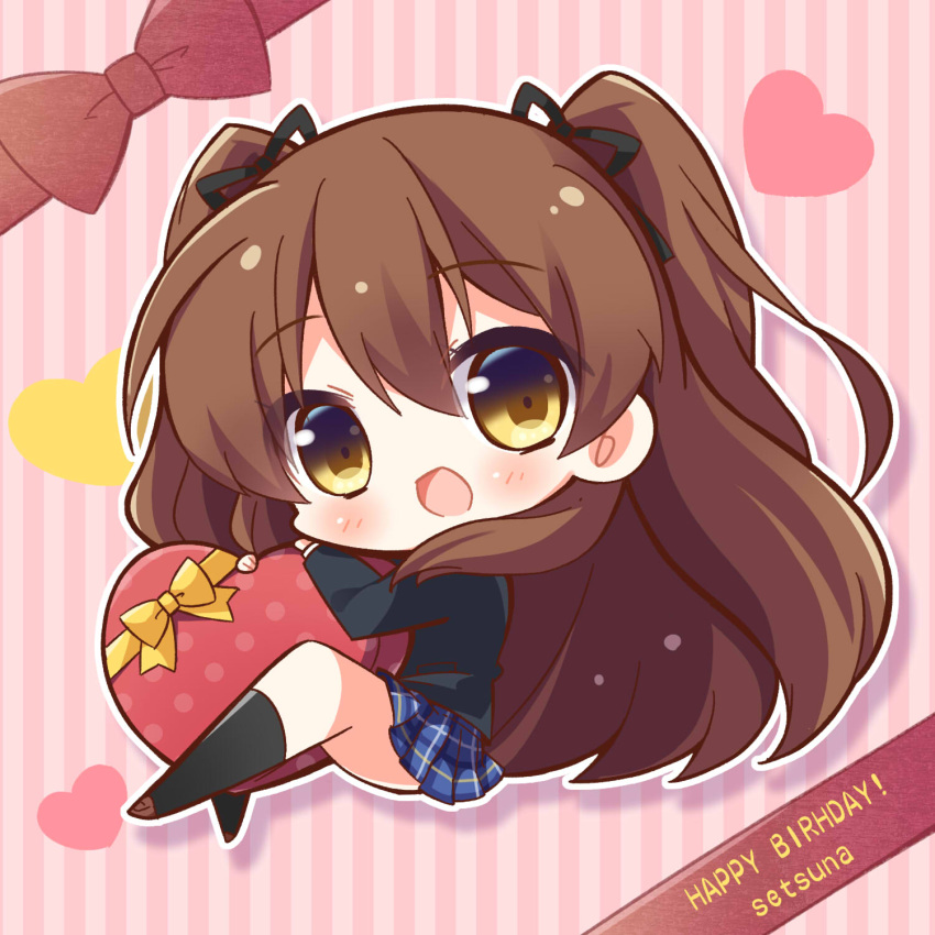 1girl :d bangs black_jacket black_legwear black_ribbon blazer blue_skirt blush box brown_eyes brown_footwear brown_hair character_name chibi commentary_request eyebrows_visible_through_hair full_body gift gift_box hair_between_eyes hair_ribbon happy_birthday heart heart-shaped_box highres jacket loafers long_hair looking_at_viewer momoniku_(taretare-13) ogiso_setsuna open_mouth outline plaid plaid_skirt pleated_skirt ribbon school_uniform shoes skirt smile socks solo striped striped_background two_side_up vertical-striped_background vertical_stripes very_long_hair white_album_2 white_outline