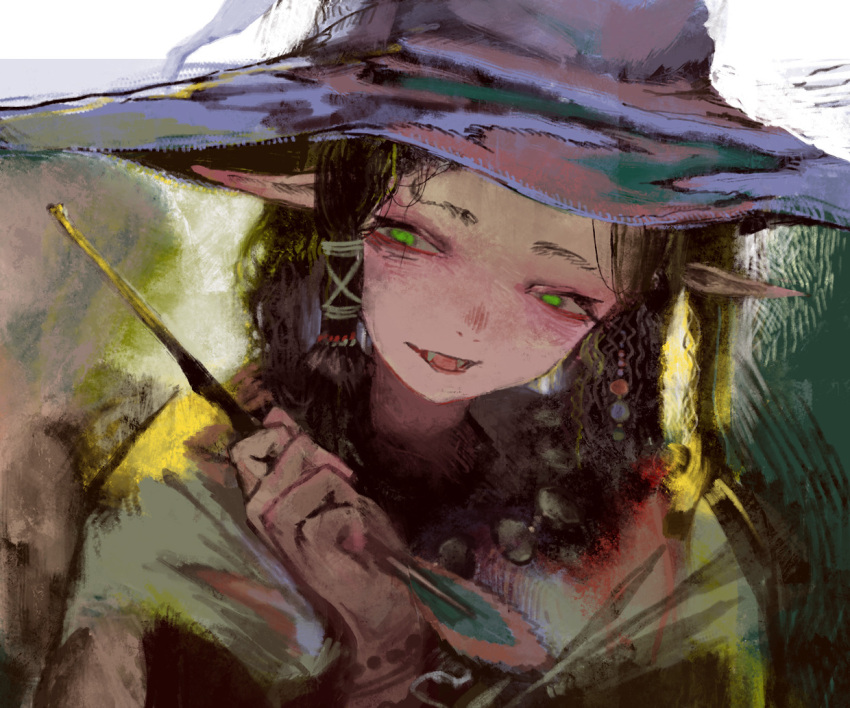 1girl amo_(silent_bomb19) brown_hair green_eyes hair_tubes hat head_tilt holding looking_at_viewer original parted_lips pointy_ears short_hair sketch smile solo upper_body wand witch witch_hat