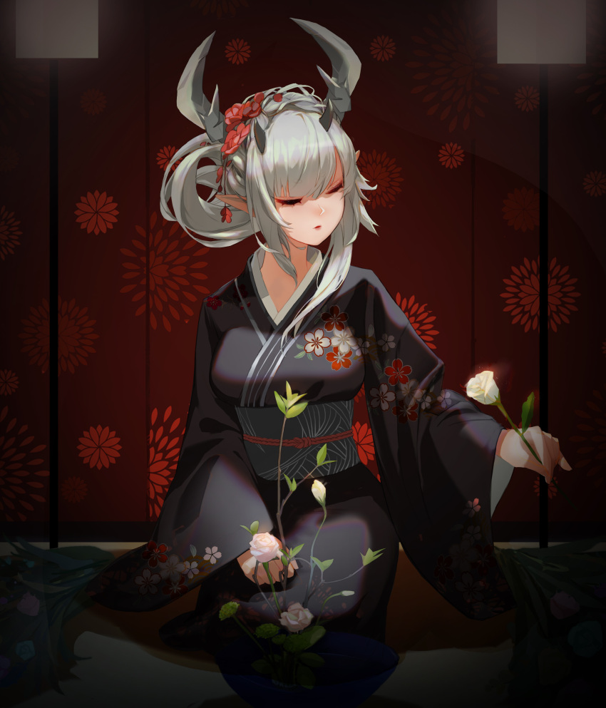 1girl absurdres arknights closed_eyes floral_print flower hair_ornament highres horns japanese_clothes kimono long_hair matoimaru_(arknights) pointy_ears sash silver_hair sitting solo user_pxyx8833