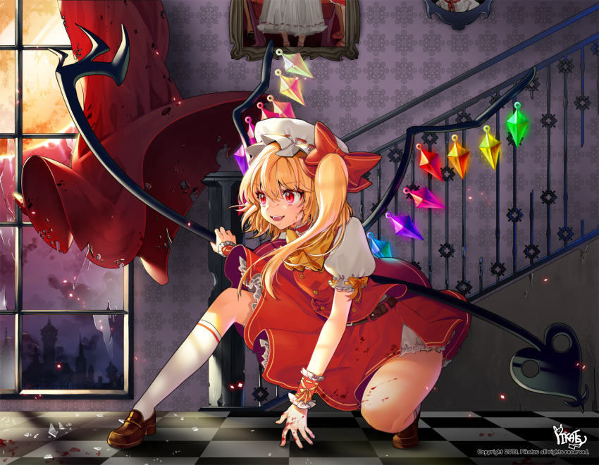 1girl artist_logo artist_name belt blonde_hair blood bloody_hands bloomers bow bowtie breasts brown_footwear checkered checkered_floor curtains fangs flandre_scarlet hair_bow hat indoors kneehighs laevatein medium_hair mob_cap open_mouth pikatsu portrait_(object) puffy_short_sleeves puffy_sleeves red_eyes red_skirt red_vest shoes short_sleeves side_ponytail skirt skirt_set small_breasts solo squatting stairs thighs touhou underwear vest watermark white_headwear white_legwear window wings wrist_cuffs yellow_neckwear