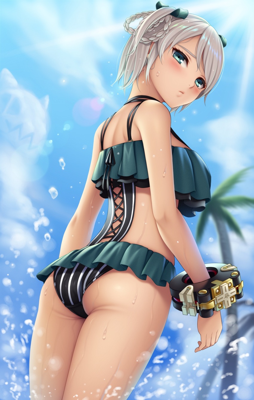 1girl aqua_eyes aqua_ribbon aqua_swimsuit ass bangs bare_shoulders blue_sky blurry blurry_background blush braid casual_one-piece_swimsuit ciel_alencon closed_mouth clouds day depth_of_field dutch_angle from_behind from_below god_eater god_eater_2:_rage_burst hair_ribbon hair_rings highres light_rays looking_at_viewer looking_back looking_down one-piece_swimsuit outdoors palm_tree ribbon short_hair silver_hair sky solo striped sunbeam sunlight sweat swept_bangs swimsuit thighs tree two_side_up vertical-striped_swimsuit vertical_stripes watanuki_kaname water water_drop