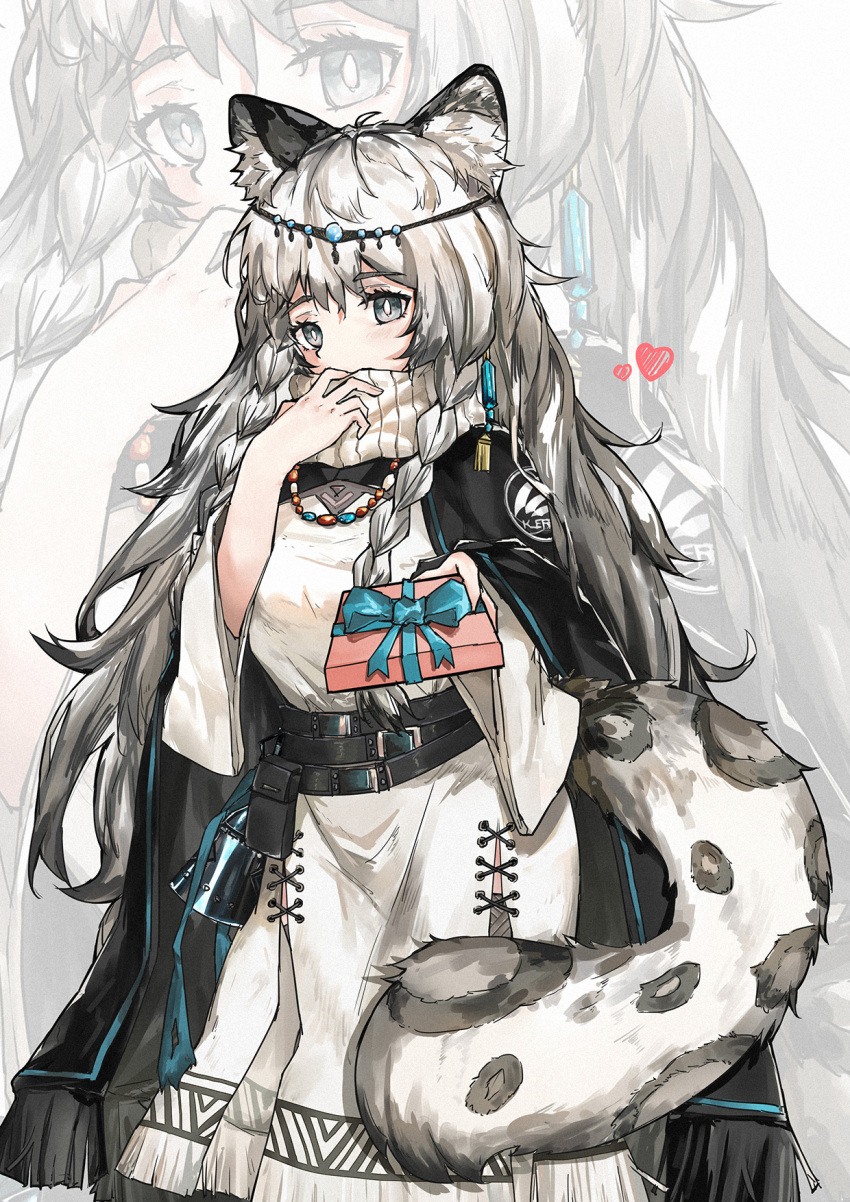 1girl animal_ear_fluff animal_ears arknights bangs black_cape box braid cape chinese_commentary circlet commentary_request cowboy_shot dress gift gift_box giving green_eyes grey_hair heart highres holding holding_gift incoming_gift jewelry leopard_ears leopard_tail long_hair looking_at_viewer necklace pramanix_(arknights) solo tail turtleneck_dress valentine white_dress yuuki_mix