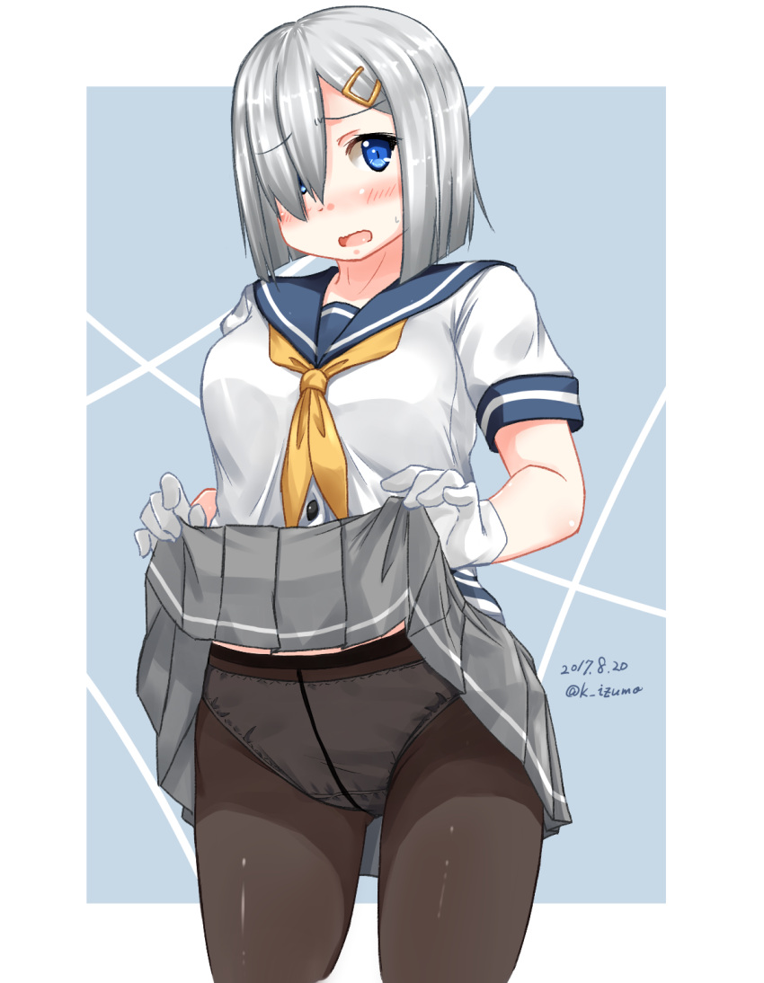 1girl black_legwear blouse blue_eyes blunt_ends blush bob_cut breasts commentary cowboy_shot crotch_seam dated frown gloves grey_skirt gusset hair_ornament hair_over_one_eye hairclip hamakaze_(kantai_collection) highres izumo_konata kantai_collection lifted_by_self looking_at_viewer miniskirt neckerchief open_mouth outside_border panties panties_under_pantyhose pantyhose pleated_skirt school_uniform serafuku short_hair short_sleeves silver_hair single_horizontal_stripe skirt solo standing sweatdrop twintails underwear white_blouse white_gloves yellow_neckwear