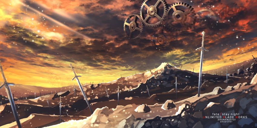 anonamos clouds cloudy_sky copyright_name fate/stay_night fate_(series) field_of_blades gears highres light_rays rock scenery sky unlimited_blade_works