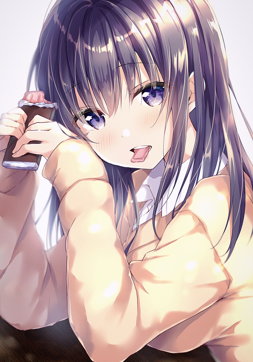 1girl amedamacon bangs black_hair blush breasts candy chocolate_bar collared_shirt commentary_request dress_shirt eyebrows_visible_through_hair food food_in_mouth grey_background hair_between_eyes hands_in_pockets highres holding holding_food large_breasts long_sleeves looking_at_viewer mouth_hold original shirt sleeves_past_wrists solo sweater upper_body upper_teeth valentine violet_eyes white_shirt yellow_sweater