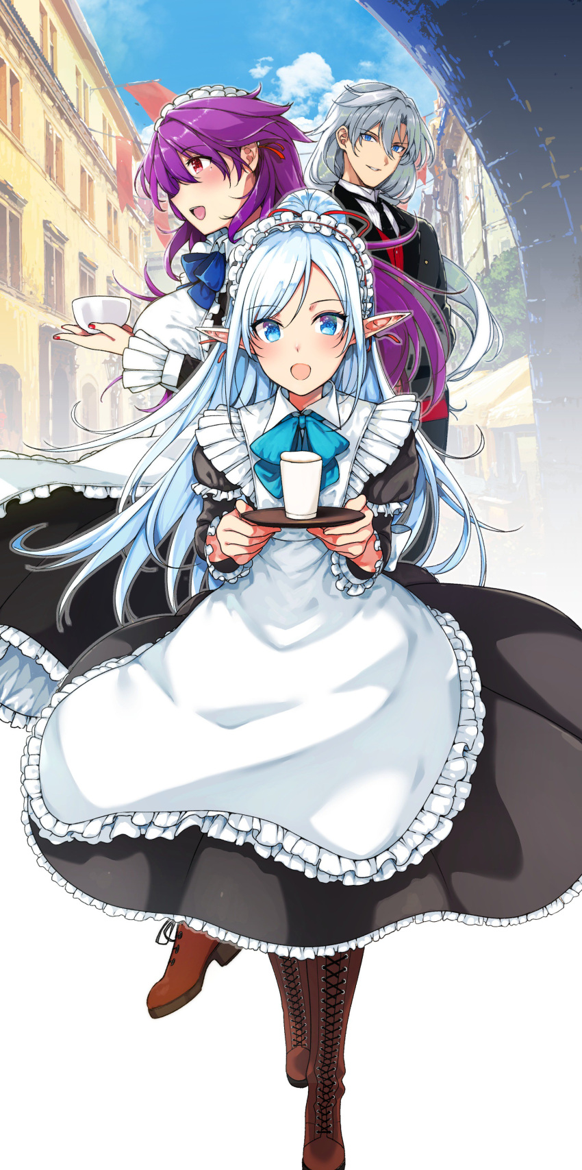 1boy 2girls :d absurdres alternate_costume apron bangs blue_bow blue_eyes blue_hair blush boots bow breasts brown_footwear character_request cityscape cup day dress drinking_glass enmaided eyebrows_visible_through_hair frilled_apron frilled_dress frilled_sleeves frills full_body half_updo hands_up highres himajin_maou_no_sugata_de_isekai_e holding holding_cup holding_tray juliet_sleeves katsurai_yoshiaki large_breasts long_dress long_hair long_sleeves looking_at_viewer looking_away maid maid_apron maid_headdress multiple_girls nail_polish neck_ribbon novel_illustration official_art open_mouth pointy_ears profile puffy_sleeves purple_hair red_eyes red_nails ribbon ryue_(himajin_maou_no_sugata_de_isekai_e) sidelocks smile standing tray