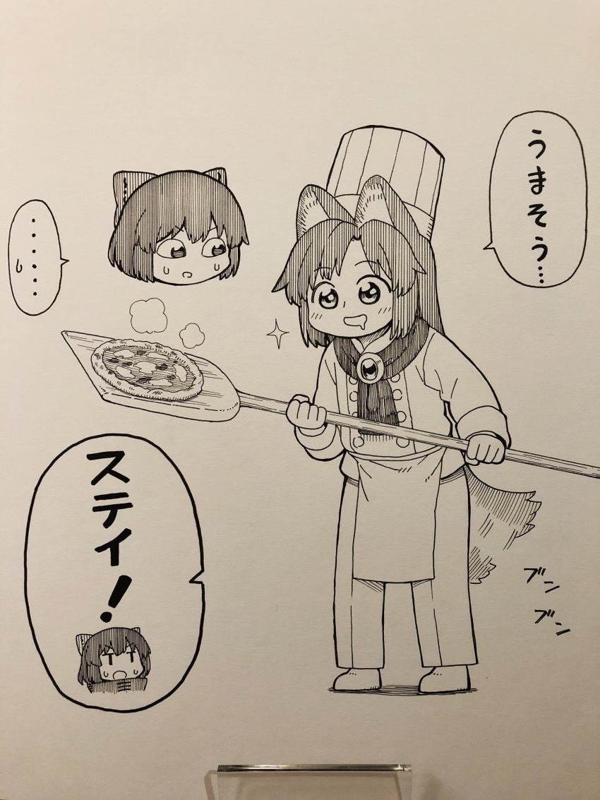 animal_ears apron bangs bow chef_hat chef_uniform disembodied_head eyebrows_visible_through_hair food hair_bow hat highres holding imaizumi_kagerou long_hair long_sleeves marker_(medium) pants photo pizza poronegi saliva saliva_trail scarf sekibanki shoes smile standing sweatdrop tail tail_wagging touhou traditional_media waist_apron wolf_ears wolf_tail