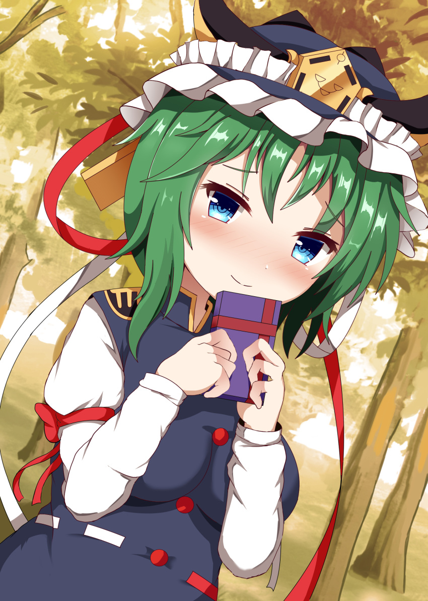 1girl arm_ribbon arms_up blue_eyes blue_headwear blue_skirt blue_vest blush box breasts commentary_request cowboy_shot day dutch_angle forest gift gift_box green_hair guard_bento_atsushi hat highres holding holding_box long_sleeves looking_at_viewer medium_breasts nature outdoors ribbon shiki_eiki shirt short_hair skirt smile solo standing tareme touhou tree valentine vest white_shirt