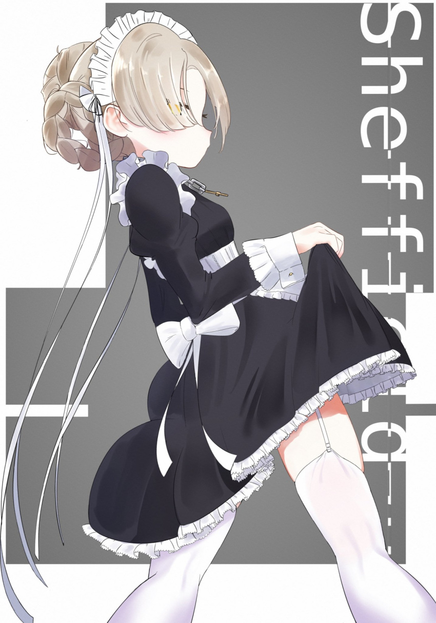 1girl apron azur_lane blonde_hair braid character_name french_braid garter_straps highres kenzixkenzix maid_apron maid_headdress sheffield_(azur_lane) skindentation skirt skirt_lift solo thigh-highs white_legwear