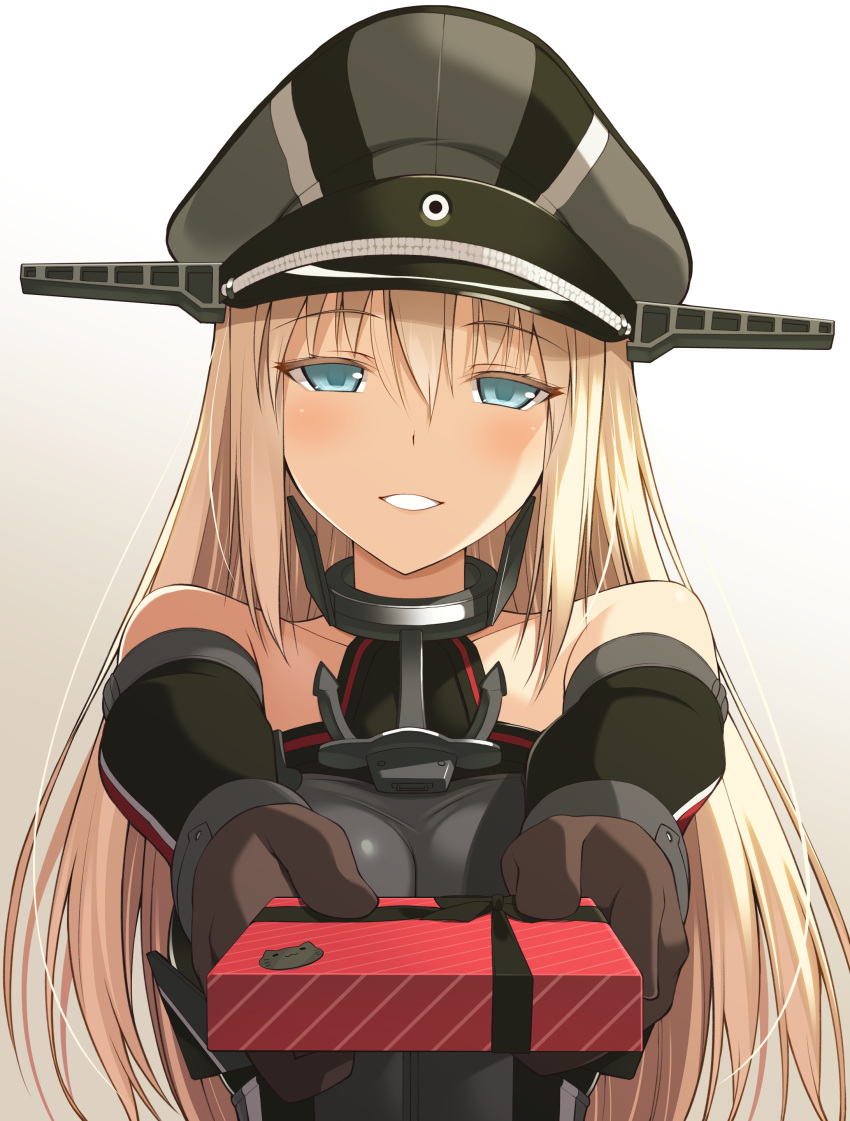 1girl absurdres aqua_eyes bangs bismarck_(kantai_collection) black_headwear blonde_hair blush box breasts elbow_gloves eyebrows_visible_through_hair gift gift_box gloves gradient gradient_background hair_between_eyes hat highres holding kantai_collection long_hair military military_uniform oota_yuuichi peaked_cap pov simple_background solo uniform upper_body valentine