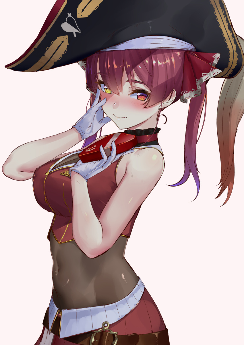 1girl absurdres akasaai bare_arms bare_shoulders belt black_headwear bodysuit breasts commentary_request covered_navel crop_top gloves gold_trim hand_on_own_cheek hand_up hat heterochromia highres holding hololive houshou_marine long_hair looking_at_viewer medium_breasts midriff pirate_hat red_eyes red_shirt redhead see-through shirt simple_background sleeveless sleeveless_shirt solo stomach twintails upper_body valentine virtual_youtuber white_background white_gloves yellow_eyes