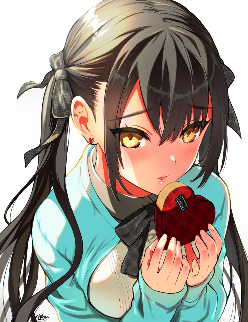 1girl bangs black_hair blush bow box collared_shirt commentary_request earrings eyebrows_visible_through_hair gift gift_box grey_bow hair_between_eyes hair_bow hands_up heart heart-shaped_box heart_earrings highres holding holding_gift jewelry kojima_saya long_hair long_sleeves looking_at_viewer original parted_lips plaid plaid_bow shirt sidelocks signature simple_background sleeves_past_wrists solo stud_earrings twintails upper_body valentine very_long_hair white_background white_shirt yellow_eyes