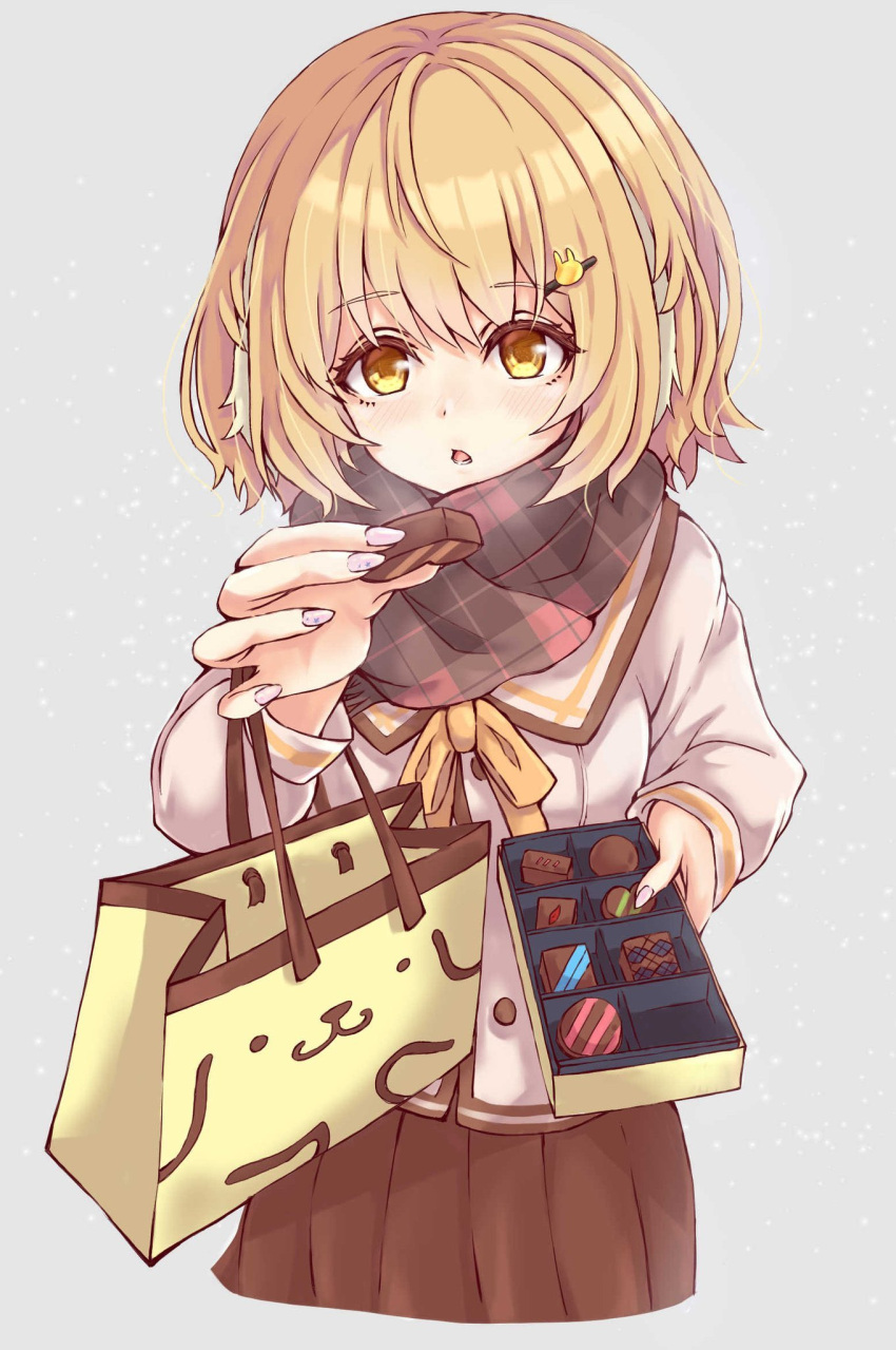 1girl alternate_costume animare bag box_of_chocolates brown_hair chocolate fingernails food hair_ornament hairclip heavy_breathing highres inaba_haneru_(animare) offering paper_bag scarf school_uniform short_hair simple_background solo virtual_youtuber yellow_eyes