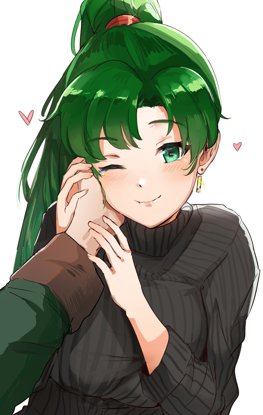 1boy 1girl absurdres blush cute fire_emblem fire_emblem:_rekka_no_ken fire_emblem_7 fire_emblem_blazing_sword green_eyes green_hair hand_on_another's_face heart heart_eyes highres intelligent_systems lyn_(fire_emblem) lyndis_(fire_emblem) moe nintendo one_eye_closed ormille ponytail solo sweater turtleneck valentine white_background