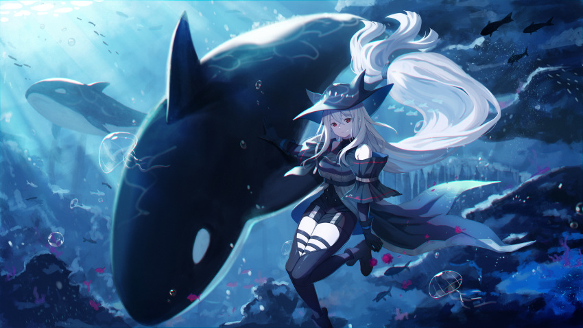 1girl absurdres air_bubble arknights ascot bangs bare_shoulders baseness black_gloves black_pants breasts bubble commentary_request detached_sleeves eyebrows_visible_through_hair floating_hair gloves grey_hair hair_between_eyes hat highres jellyfish light_rays long_hair looking_at_viewer low-tied_long_hair orca pants parted_lips pink_eyes shirt sidelocks skadi_(arknights) sleeveless sleeveless_shirt sunbeam sunlight thigh_cutout underwater very_long_hair