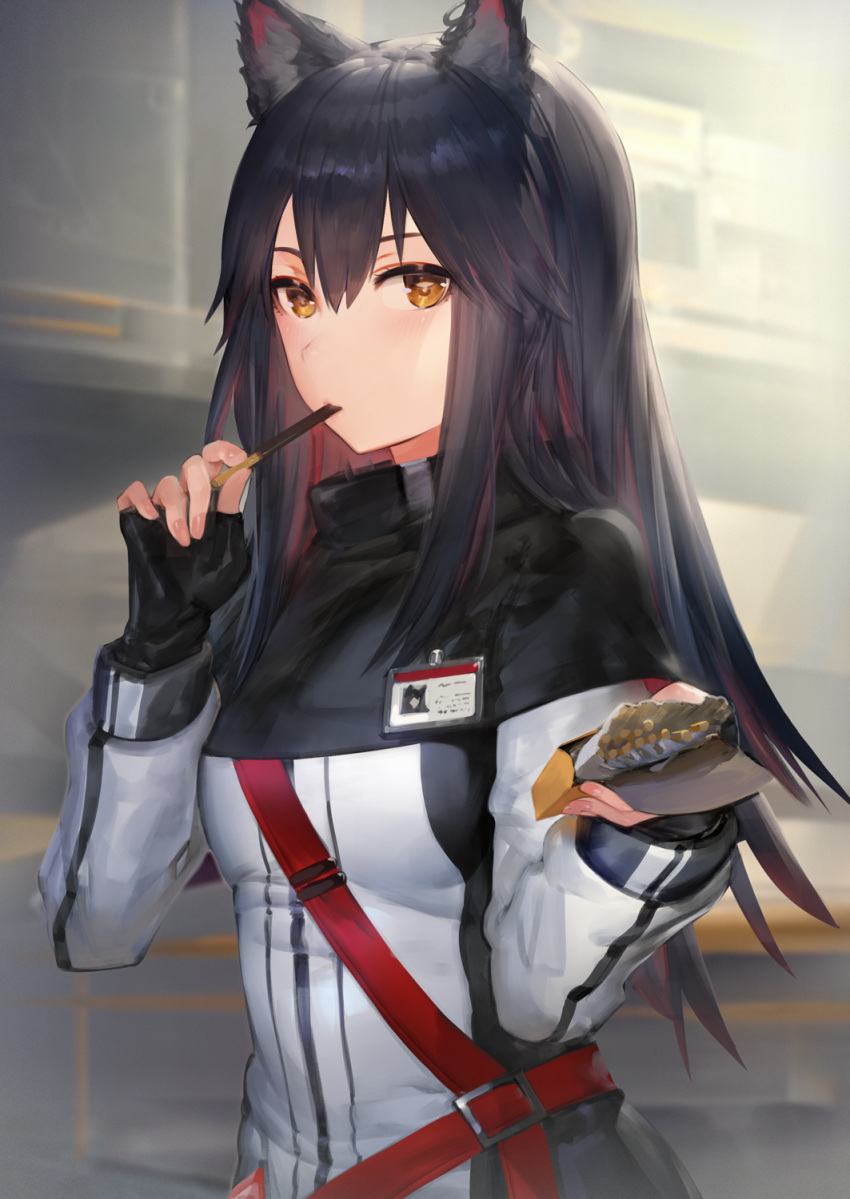 1girl animal_ear_fluff animal_ears aos arknights bangs black_capelet black_gloves black_hair brown_eyes capelet commentary_request fingerless_gloves food food_in_mouth gloves hair_between_eyes hands_up highres holding holding_food indoors jacket long_hair long_sleeves looking_at_viewer pocky sidelocks solo texas_(arknights) upper_body white_jacket wolf_ears