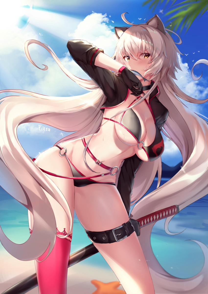 1girl absurdres ahoge animal_ears beach bikini black_bikini black_gloves blue_sky cat_ears clouds fate/grand_order fate_(series) fish_in_mouth gloves highres jeanne_d'arc_(alter_swimsuit_berserker) jeanne_d'arc_(fate)_(all) katana long_hair mountainous_horizon o-ring o-ring_bikini ocean piuta red_legwear shrug_(clothing) signature silver_hair single_thighhigh sky starfish swimsuit sword thigh-highs thigh_strap very_long_hair weapon white_hair yellow_eyes