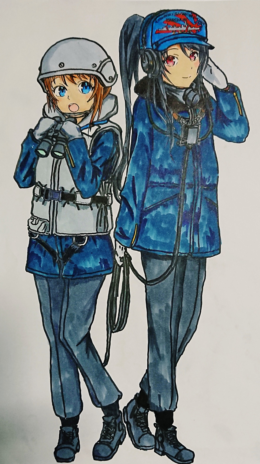 2girls absurdres binoculars blue_eyes coat gloves hat headphones helmet high_school_fleet highres japan_maritime_self-defense_force japan_self-defense_force jdsmyoko life_vest long_hair marker_(medium) military military_uniform misaki_akeno multiple_girls munetani_mashiro ponytail red_eyes shoes short_hair traditional_media uniform