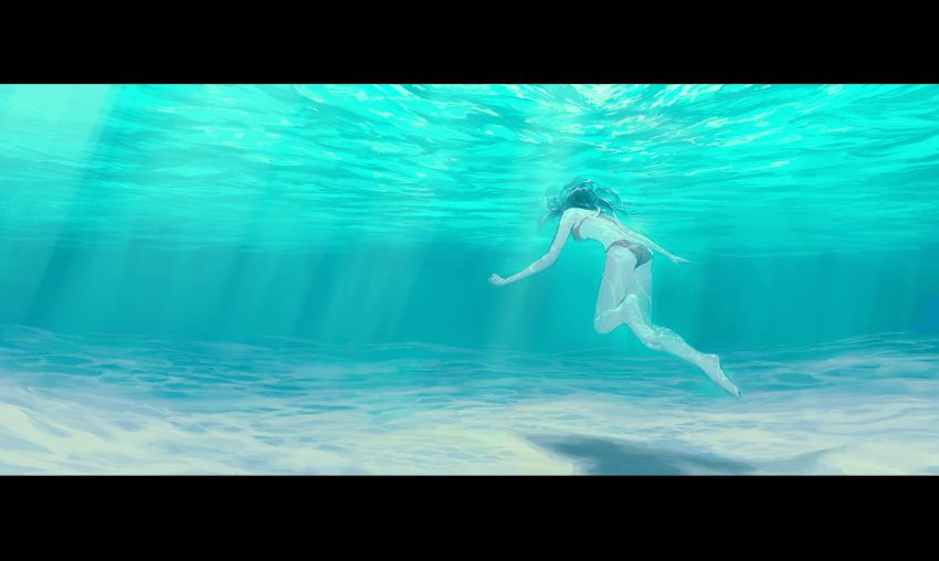 1girl amo_(silent_bomb19) bare_arms bare_legs barefoot bikini black_hair facing_away from_behind highres letterboxed negative_space original red_bikini solo swimsuit underwater