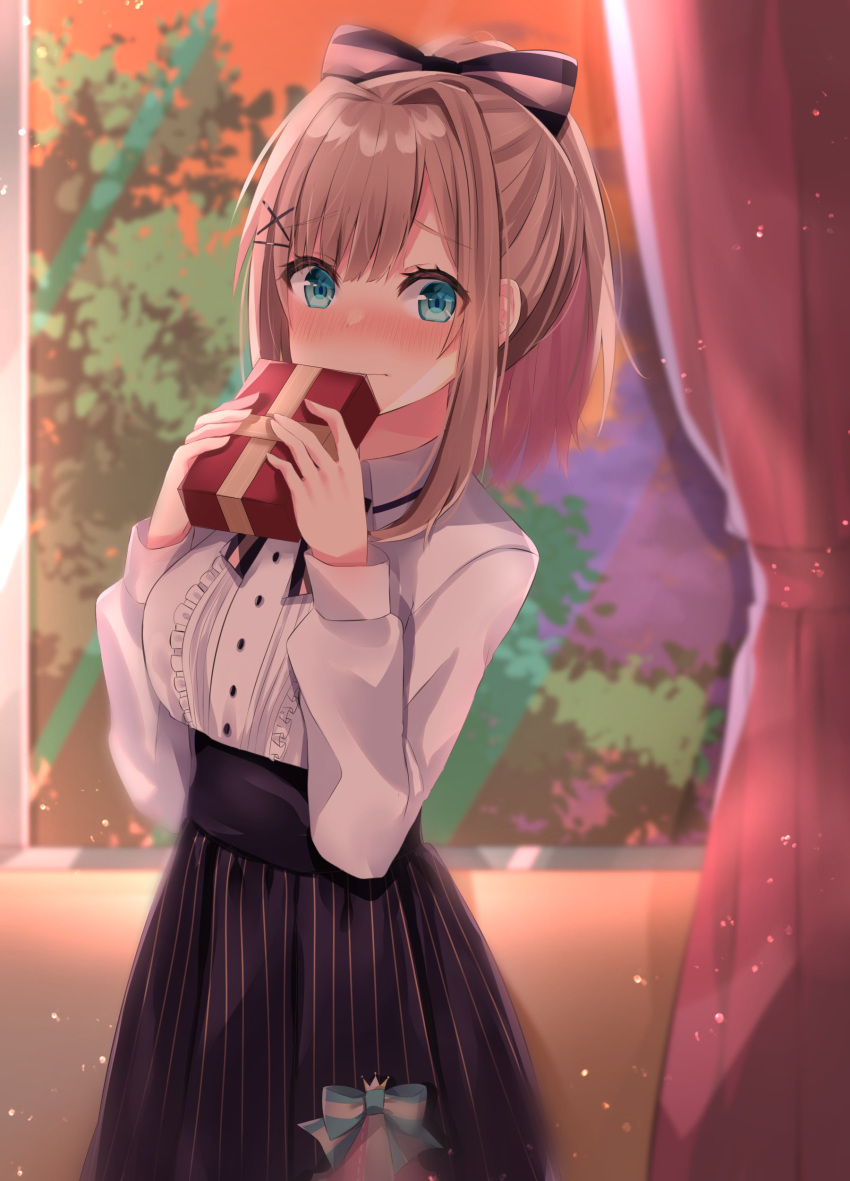 absurdres alternate_costume blue_eyes blush breasts brown_hair commentary_request curtains embarrassed gift hair_ornament hair_ribbon hairclip highres holding holding_gift looking_at_viewer nijisani nijisanji ribbon school_uniform short_hair suzuhara_lulu tree virtual_youtuber window yuteke_key