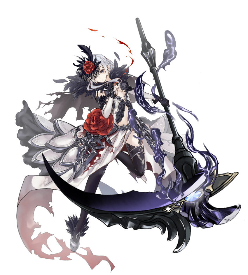 1girl absurdres asymmetrical_bangs bangs blood bloody_clothes breasts commentary_request elbow_gloves expressionless feather_trim flower full_body gloves grey_eyes highres holding holding_weapon medium_breasts platform_footwear rose scythe silver_trim sinoalice snow_white_(sinoalice) solo thigh-highs torn_clothes tyesuco weapon white_background white_hair