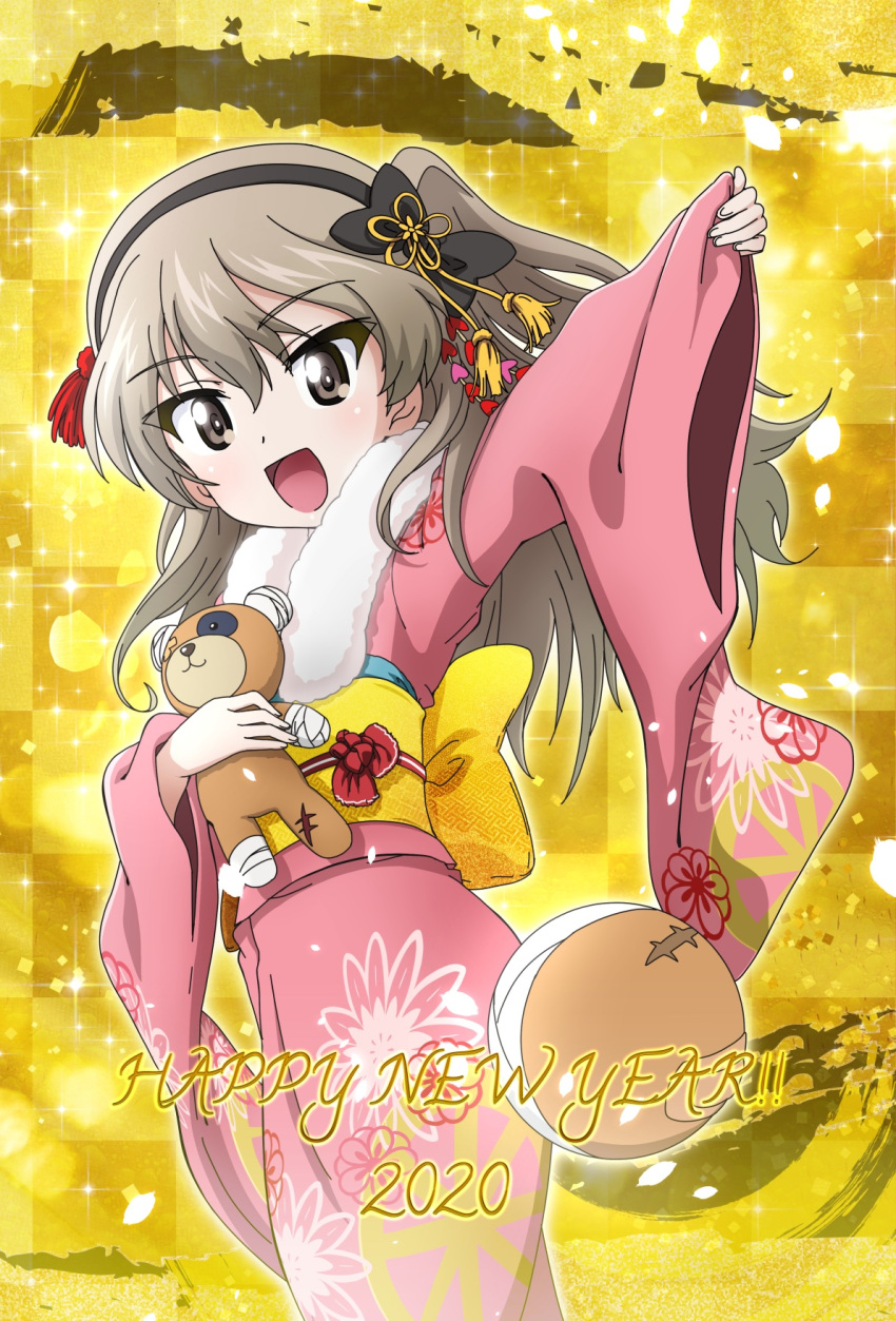 1girl 2020 :d arm_up ball bandages bangs black_ribbon boko_(girls_und_panzer) brown_eyes commentary english_text floral_print fur_scarf girls_und_panzer hair_ornament hair_ribbon happy_new_year highres holding holding_stuffed_animal japanese_clothes kanau kimono light_brown_hair long_hair long_sleeves looking_at_viewer new_year obi one_side_up open_mouth pink_kimono print_kimono ribbon sash shimada_arisu smile solo sparkle standing stuffed_animal stuffed_toy teddy_bear wide_sleeves yellow_background