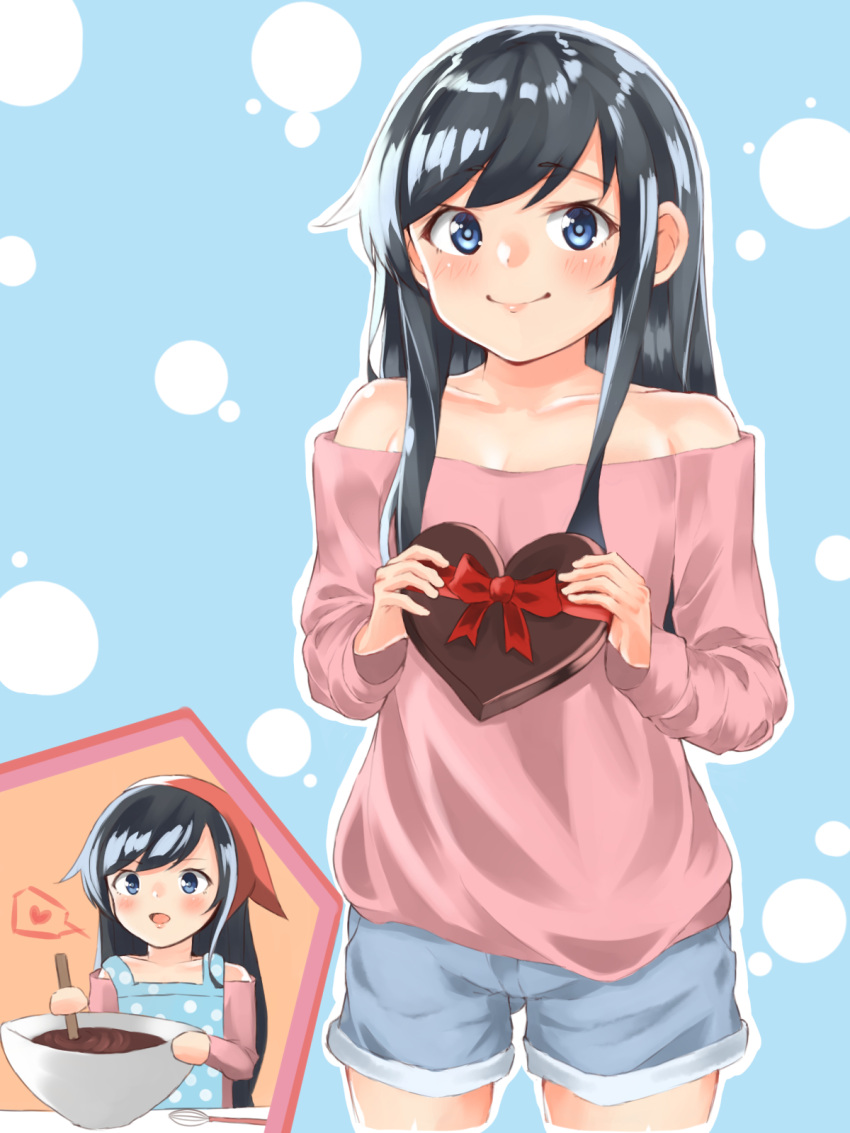 1girl alternate_costume apron asashio_(kantai_collection) bandana bare_shoulders black_hair blue_apron blue_background blue_eyes blue_shorts casual chocolate commentary_request cowboy_shot denim denim_shorts heart highres kantai_collection long_hair looking_at_viewer multiple_views pink_shirt polka_dot polka_dot_apron polka_dot_background shirt shorts soujou_motona spoken_heart