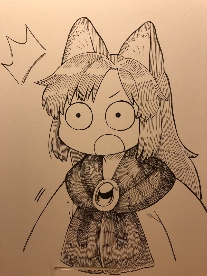 /\/\/\ 1girl :o animal_ear_fluff animal_ears eyebrows_visible_through_hair gem highres imaizumi_kagerou long_hair looking_at_viewer marker_(medium) open_mouth poronegi scarf solo surprised touhou traditional_media upper_body wide-eyed wolf_ears younger