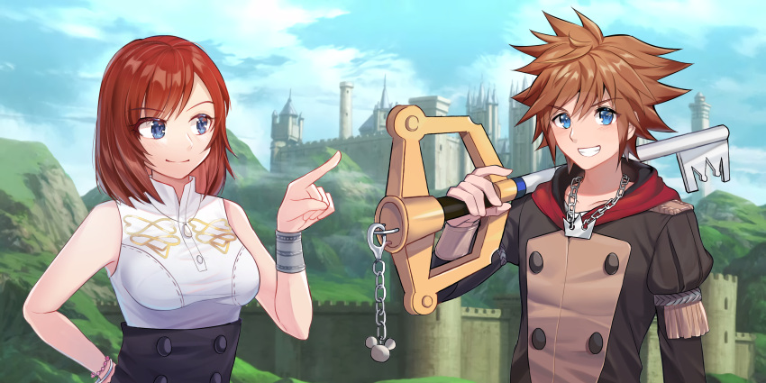 1boy 1girl absurdres blue_eyes brown_hair disney fire_emblem fire_emblem:_three_houses fire_emblem:_three_houses fire_emblem_16 garreg_mach_monastery_uniform highres hood hood_down intelligent_systems kairi_(kingdom_hearts) keyblade kingdom_hearts koei_tecmo nintendo oenothera redhead shirt sleeveless sleeveless_shirt sora_(kingdom_hearts) spiky_hair square_enix super_smash_bros. upper_body