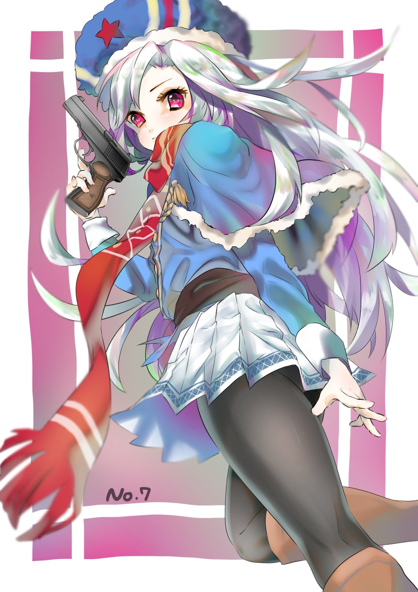 1girl belt black_legwear blue_jacket blurry boots buttons capelet closed_mouth commentary_request depth_of_field eyelashes from_behind fur-trimmed_capelet fur_hat fur_trim girls_frontline gun hand_up handgun hat highres holding holding_gun holding_weapon jacket kneepits long_hair looking_at_viewer looking_back makarov_(girls_frontline) pantyhose pink_eyes red_scarf red_star scarf skirt solo tassel ushanka very_long_hair weapon white_skirt yukito118