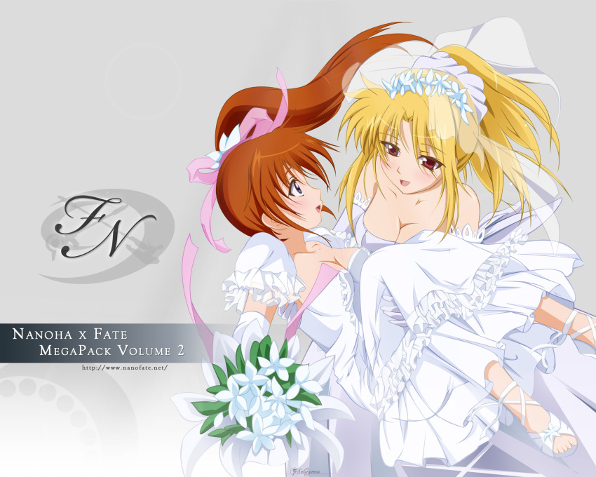 blonde_hair blush bouquet bouquets breasts bride brown_hair carry carrying cleavage dress elbow_gloves fate_testarossa flower gloves highres long_hair mahou_shoujo_lyrical_nanoha mahou_shoujo_lyrical_nanoha_a's mahou_shoujo_lyrical_nanoha_a's mahou_shoujo_lyrical_nanoha_strikers marriage multiple_girls open_mouth ponytail princess_carry purple_eyes red_eyes side_ponytail smile solwyvern takamachi_nanoha violet_eyes wedding wedding_dress yuri