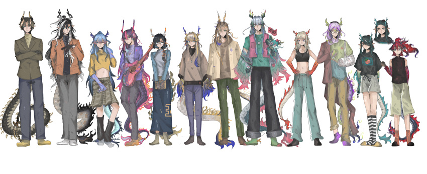 absurdres arknights brother_and_sister chongyue_(arknights) dusk_(arknights) earrings eastern_dragon_horns eastern_dragon_tail highres incredibly_absurdres jewelry ji_(arknights) jie_(arknights) liang_(arknights) ling_(arknights) nian_(arknights) non-web_source shu_(arknights) siblings tassel tassel_earrings wang_(arknights) yi_(arknights) yi_(mascot)_(arknights) yu_(arknights)