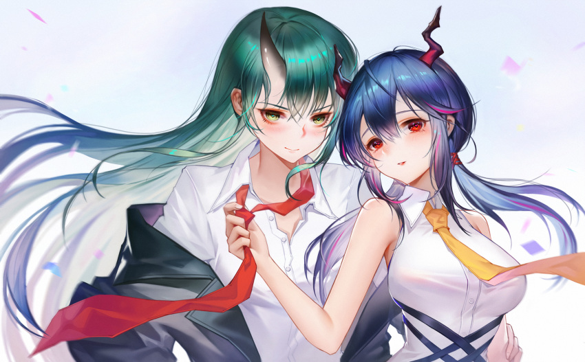 2girls alternate_costume arknights bangs bare_arms bare_shoulders blue_background blue_hair blush breasts ch'en_(arknights) commentary_request eyebrows_visible_through_hair gradient gradient_background green_eyes green_hair hair_between_eyes head_tilt highres horn horns hoshiguma_(arknights) jacket large_breasts long_hair looking_at_viewer low_twintails multiple_girls necktie off_shoulder open_clothes open_jacket parted_lips rainygo red_eyes red_neckwear shirt sidelocks sleeveless sleeveless_shirt smile twintails upper_body white_background white_shirt yellow_neckwear