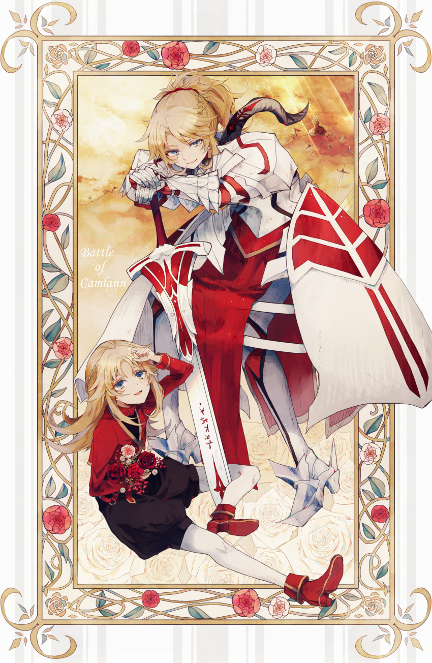 2girls absurdres armor bangs black_shorts blonde_hair blouse blue_eyes boots braid character_name closed_mouth dual_persona fate/apocrypha fate_(series) faulds flower frame french_braid gauntlets hand_up hands_on_hilt high_heel_boots high_heels highres holding holding_sword holding_weapon long_hair long_sleeves looking_at_viewer metal_boots mordred_(fate) mordred_(fate)_(all) multiple_girls pantyhose parted_bangs ponytail puffy_shorts red_blouse red_flower red_footwear red_rose rose satsuki_(miicat) shorts smile standing sword weapon white_legwear younger