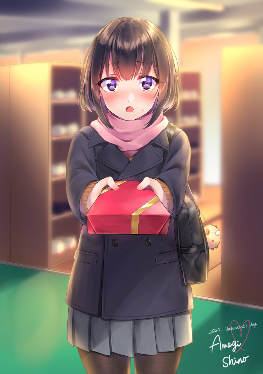 1girl :o amagi_shino bag bag_charm bangs black_hair black_jacket black_legwear blurry blurry_background box charm_(object) coat dated embarrassed eyebrows_visible_through_hair gift gift_box grey_skirt highres holding indoors jacket open_mouth original pantyhose pleated_skirt school school_bag school_uniform signature skirt standing uniform valentine violet_eyes winter_clothes winter_coat