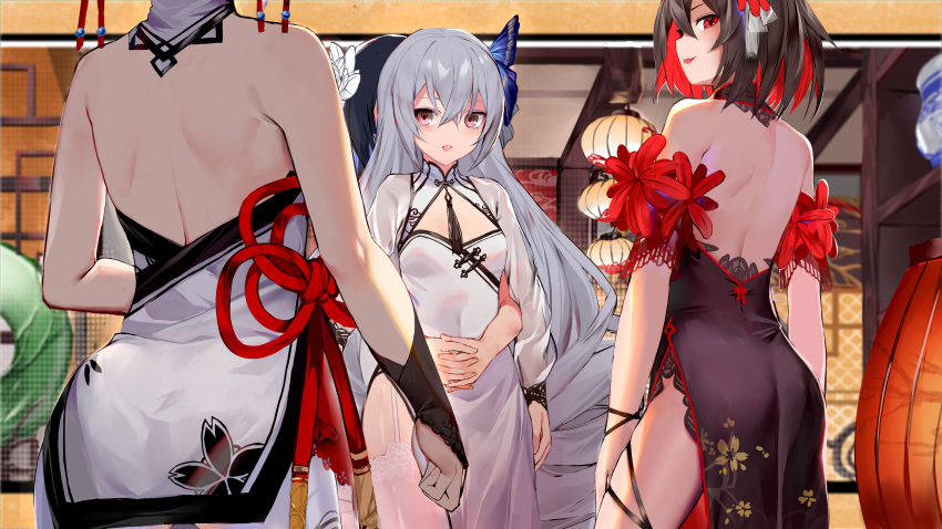 4girls absurdly_long_hair absurdres alternate_costume ass backless_dress backless_outfit bangs bare_shoulders black_hair black_ribbon blue_hair bronya_zaychik china_dress chinese_clothes commentary_request crossed_bangs dress flower grey_eyes grey_hair hair_between_eyes hair_ornament head_out_of_frame hidden_face highres honkai_(series) honkai_impact_3rd hug hug_from_behind indoors long_hair lyk_wuyan multicolored multicolored_clothes multicolored_dress multicolored_hair multiple_girls red_eyes red_flower red_rope redhead ribbon rope seele_vollerei theresa_apocalypse thigh-highs thigh_ribbon two-tone_hair veliona very_long_hair white_dress white_legwear