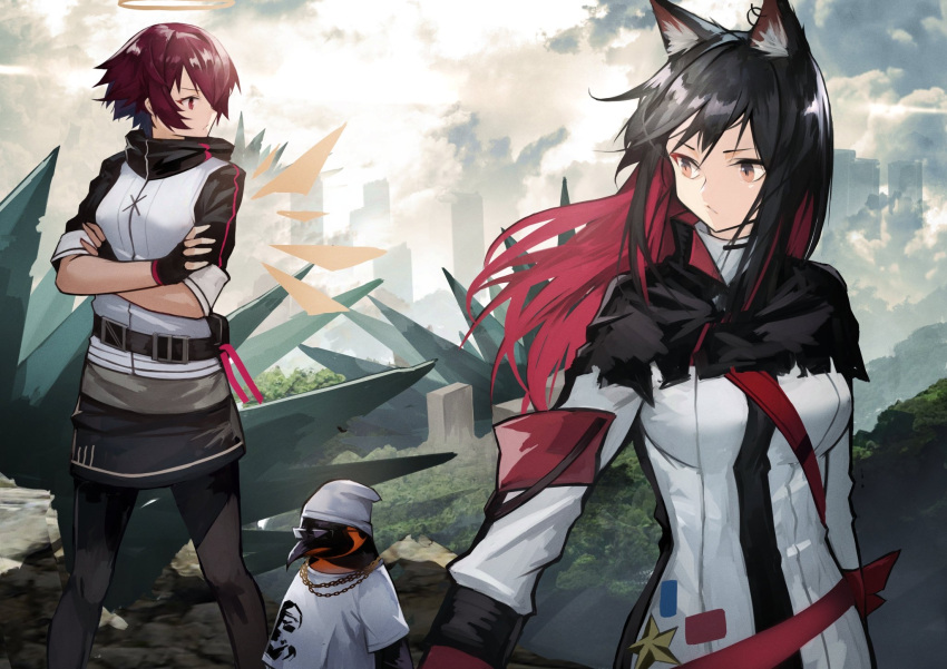 2girls 55level animal arknights bird black_gloves black_hair black_legwear breasts brown_eyes commentary crossed_arms english_commentary exusiai_(arknights) fingerless_gloves gloves halo hat highres jacket jewelry long_hair multicolored_hair multiple_girls necklace penguin red_eyes redhead revision short_hair skirt sunglasses texas_(arknights) two-tone_hair