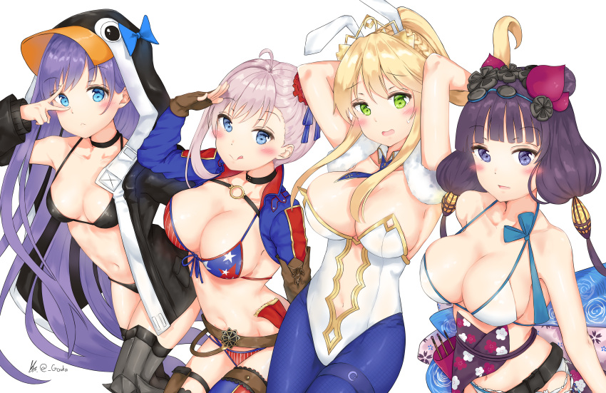 4girls absurdres artoria_pendragon_(all) artoria_pendragon_(swimsuit_ruler)_(fate) black_legwear blonde_hair breasts bunnysuit fate/grand_order fate_(series) gouka highres katsushika_hokusai_(swimsuit_saber)_(fate) large_breasts long_hair looking_at_viewer meltryllis meltryllis_(swimsuit_lancer)_(fate) miyamoto_musashi_(fate/grand_order) miyamoto_musashi_(swimsuit_berserker)_(fate) multiple_girls small_breasts swimsuit thigh-highs