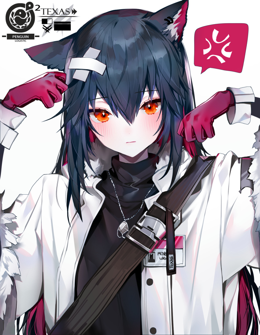 1girl anger_vein animal_ear_fluff animal_ears arknights bangs black_hair black_shirt blush character_name commentary eyebrows_visible_through_hair hair_between_eyes hands_up highres jacket jewelry long_hair looking_at_viewer modanyang multicolored_hair open_clothes open_jacket pendant red_eyes redhead shirt simple_background solo spoken_anger_vein texas_(arknights) turtleneck upper_body white_background white_jacket wolf_ears