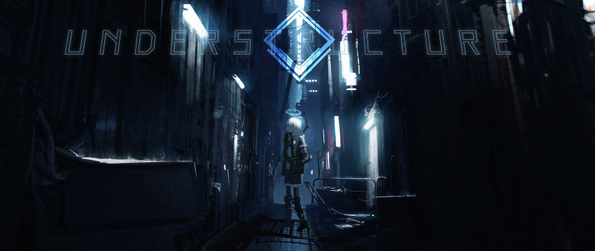1girl absurdres asteroid_ill building english_text expressionless grate green_eyes hand_in_pocket handrail highres iz_(asteroid_ill) jacket light long_hair mechanical_halo mechanical_legs mechanical_parts neon_trim original ruins scenery science_fiction solo standing white_hair wide_shot
