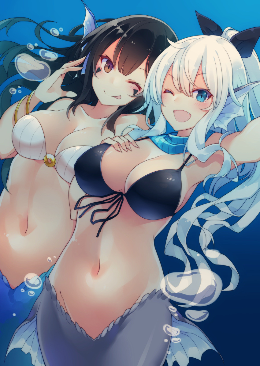 2girls :d absurdres air_bubble bikini black_bikini black_hair blue_background blue_eyes blue_hair blue_scarf blush brown_eyes bubble eyebrows_visible_through_hair facial_mark fang hand_up head_fins highres long_hair looking_at_viewer matsunoki_(unknown_751) mermaid monster_girl multiple_girls navel one_eye_closed open_mouth original ponytail scarf self_shot smile swimsuit underwater very_long_hair white_bikini