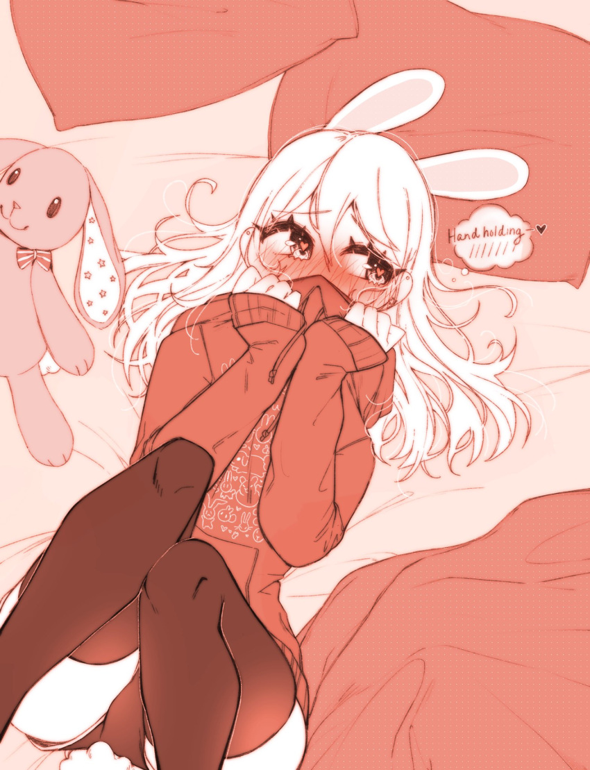 1girl abottleofstars animal_ears bed blanket ear_piercing english_text eyebrows_visible_through_hair heart heart-shaped_pupils highres hood hoodie original piercing pillow shorts sleeves_past_wrists stuffed_animal stuffed_toy symbol-shaped_pupils tail teddy_bear thigh-highs white_hair