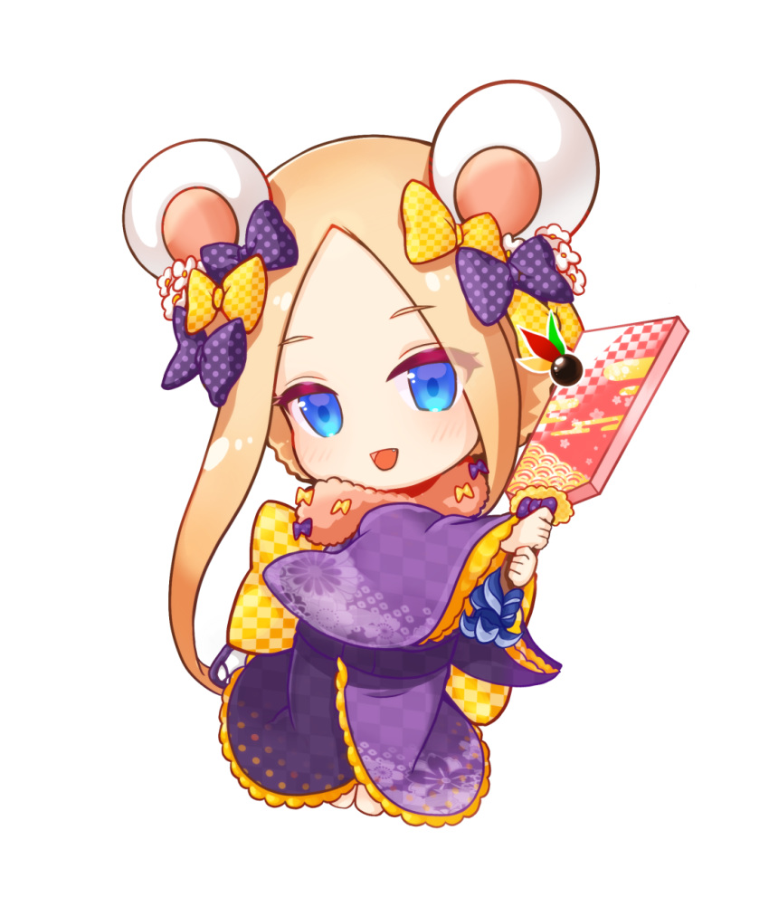 1girl :d abigail_williams_(fate/grand_order) animal_ears bangs barefoot blonde_hair blue_eyes blush bow checkered checkered_bow checkered_kimono chibi chinese_zodiac eyebrows_visible_through_hair fake_animal_ears fate/grand_order fate_(series) forehead full_body hagoita hair_bow hanetsuki highres holding japanese_clothes kimono long_sleeves mouse_ears open_mouth orange_bow paddle panco_neco parted_bangs polka_dot polka_dot_bow purple_bow purple_kimono sidelocks simple_background smile solo two-handed white_background wide_sleeves year_of_the_rat