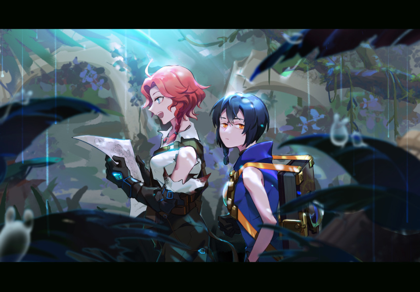 2girls :o ahoge black_gloves black_hair blue_eyes blurry_foreground book braid clenched_hand dappled_sunlight day forest gloves highres letterboxed map multiple_girls nature only108 outdoors pink_hair pixiv_fantasia pixiv_fantasia_age_of_starlight reading short_hair side_braid sleeveless slug standing sunlight yellow_eyes