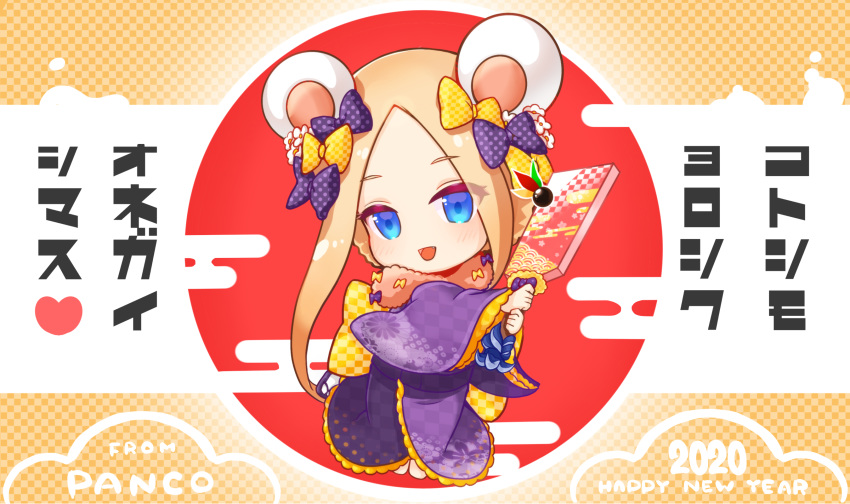 1girl 2020 :d abigail_williams_(fate/grand_order) animal_ears artist_name bangs barefoot blonde_hair blue_eyes blush bow checkered checkered_background checkered_bow checkered_kimono chibi chinese_zodiac commentary_request egasumi eyebrows_visible_through_hair fake_animal_ears fate/grand_order fate_(series) forehead full_body hagoita hair_bow hanetsuki happy_new_year heart highres holding japanese_clothes kimono long_sleeves mouse_ears new_year open_mouth orange_bow paddle panco_neco parted_bangs polka_dot polka_dot_bow purple_bow purple_kimono sidelocks smile solo translated two-handed wide_sleeves year_of_the_rat