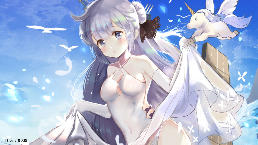 1girl :o ahoge animal azur_lane bare_shoulders bird black_bow black_ribbon blue_sky blush bow clouds commentary_request criss-cross_halter day dress dress_lift elbow_gloves feathers flight_deck gloves hair_bun hair_ribbon halterneck lifted_by_self long_hair looking_at_viewer lunacats one_side_up outdoors panties parted_lips purple_hair ribbon see-through side_bun sky solo stuffed_alicorn stuffed_animal stuffed_toy underwear unicorn_(azur_lane) very_long_hair violet_eyes white_feathers white_gloves white_panties