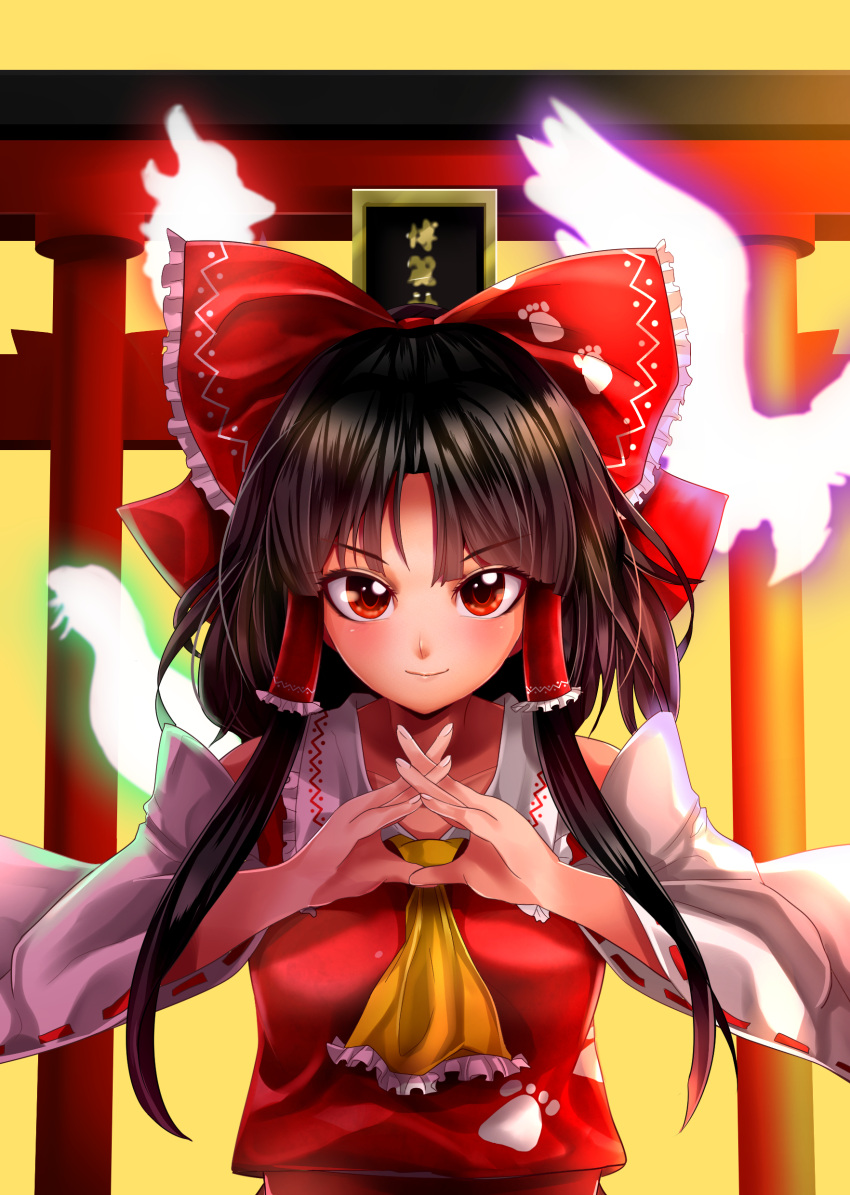 1girl absurdres ascot bangs bare_shoulders black_hair bow brown_eyes collared_shirt detached_sleeves eagle_spirit_(touhou) frilled_bow frilled_shirt_collar frills hair_bow hair_tubes hakurei_reimu hakurei_shrine half_updo highres looking_at_viewer maboroshi_mochi medium_hair otter_spirit_(touhou) red_bow red_shirt red_skirt shirt skirt sleeveless sleeveless_shirt torii touhou wily_beast_and_weakest_creature wolf_spirit_(touhou) yellow_neckwear