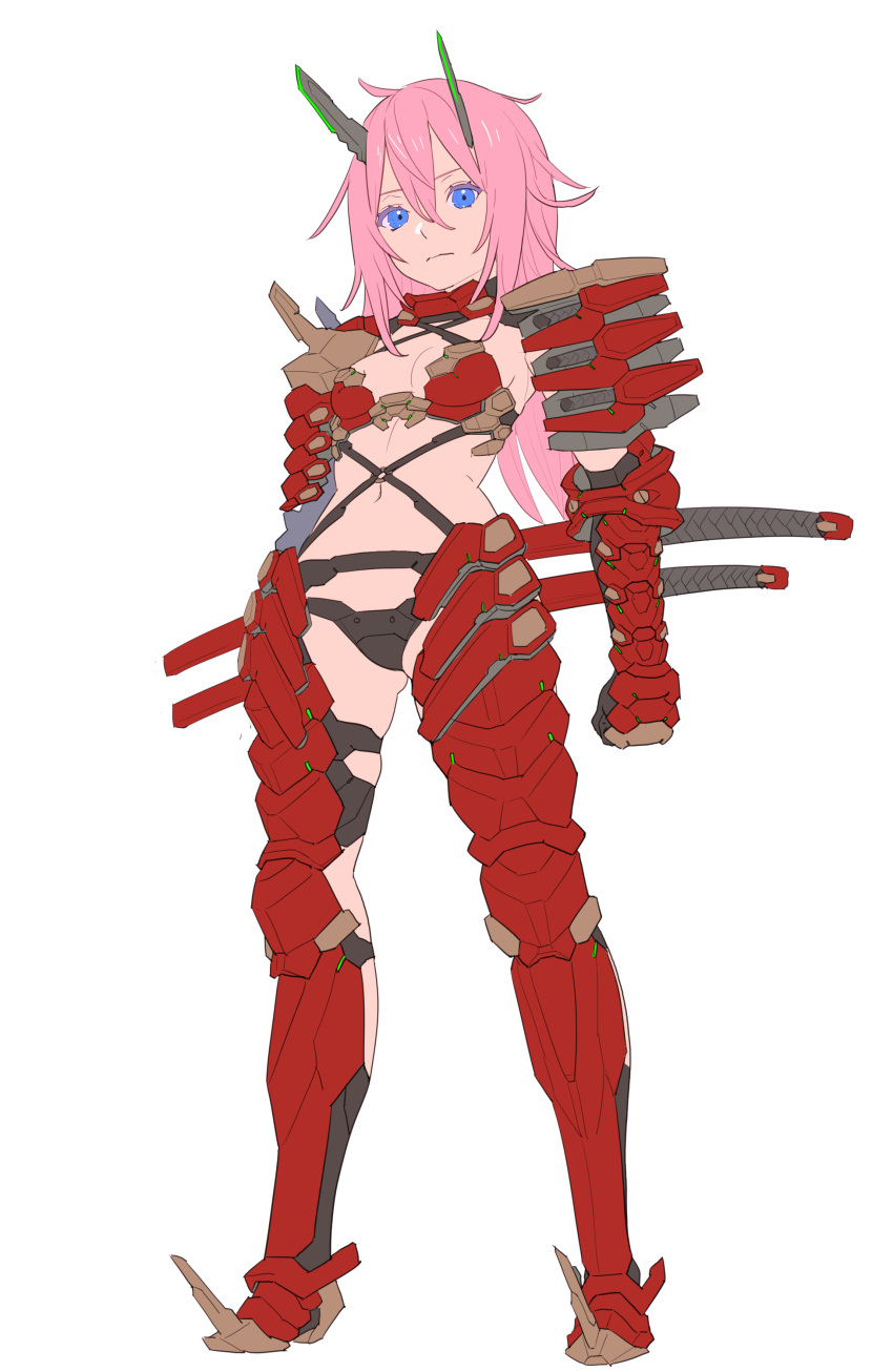 1girl absurdres armor bikini_armor black_panties boots breasts closed_mouth full_body gauntlets hair_between_eyes highres horns japanese_armor long_hair looking_at_viewer medium_breasts multiple_swords nagisa_kurousagi navel original panties pink_eyes pink_hair simple_background solo spiked_boots underwear weapon weapon_on_back white_background